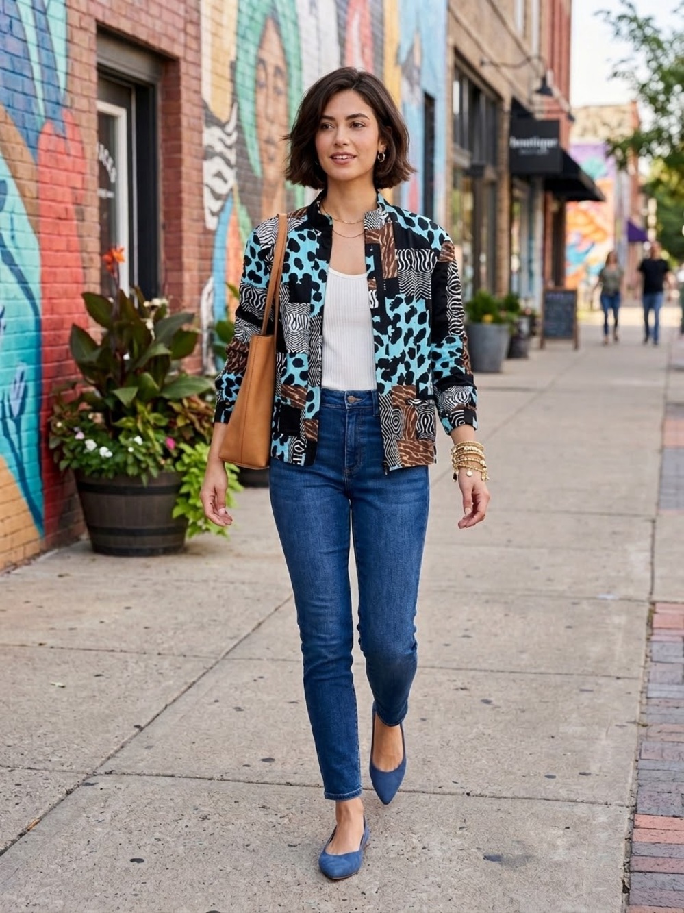 erin london Patchwork Print Bomber Jacket in Blue and Brown